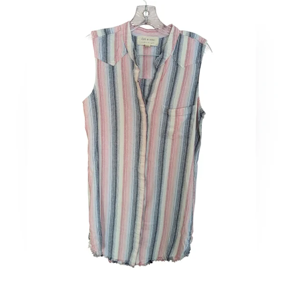 Cloth & Stone Pink White Blue Striped Sleeveless Button Down Fray Hem Dress Sz M - Picture 3 of 11